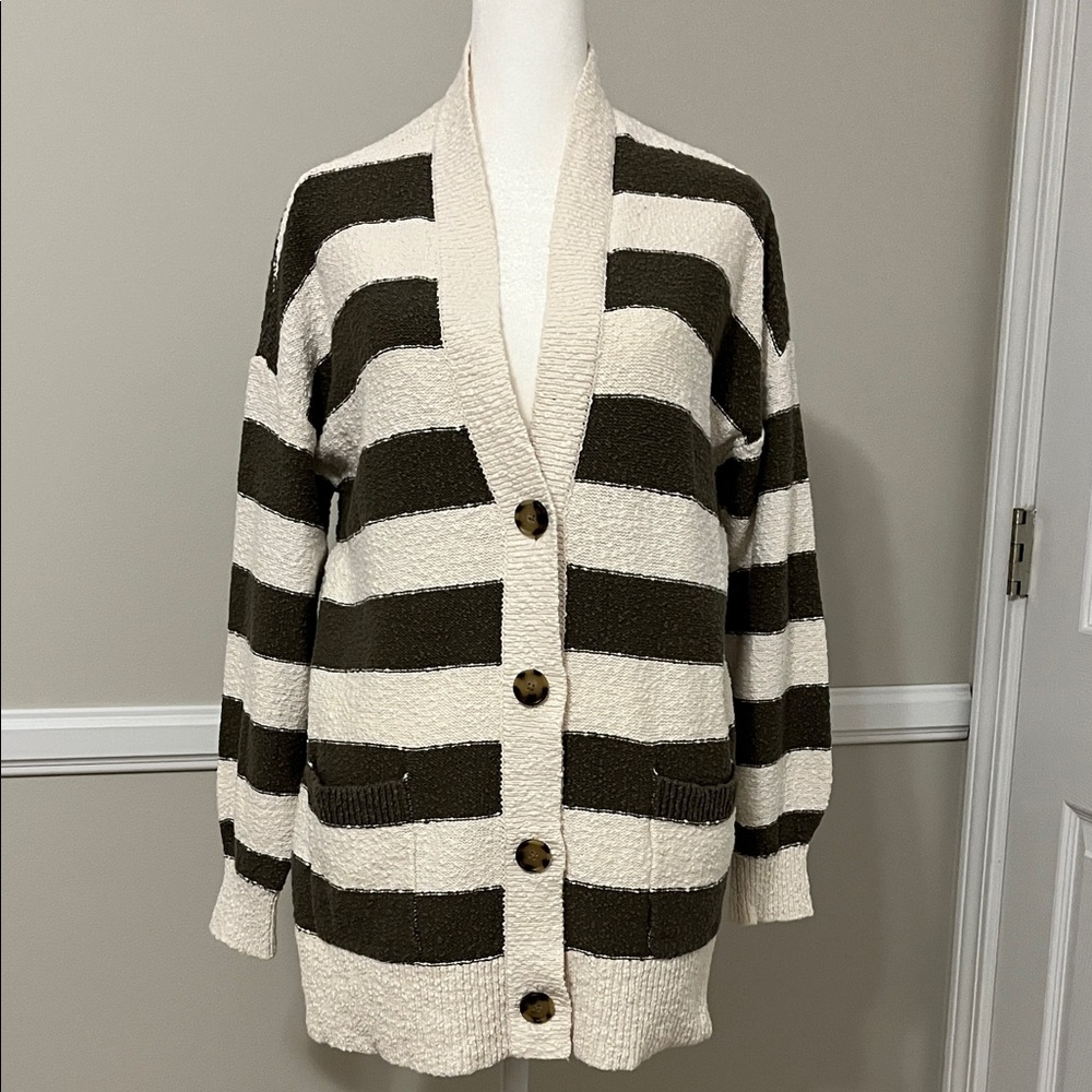Loft Cardigan green and white/ivoryish. Size medium. 100% cotton
